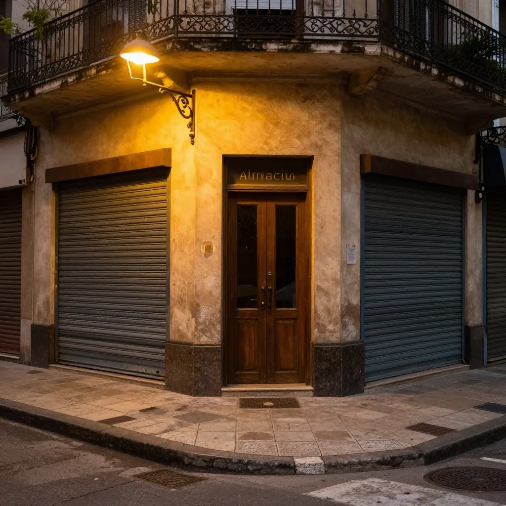 Persiana de kiosco de noche con listas de precios