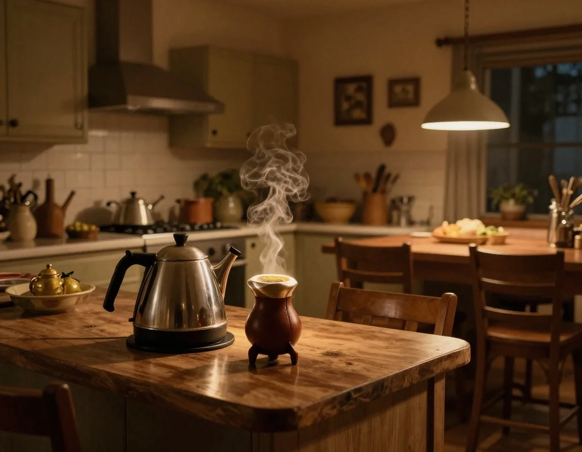 Mesa de cocina con mate, libreta y calculadora