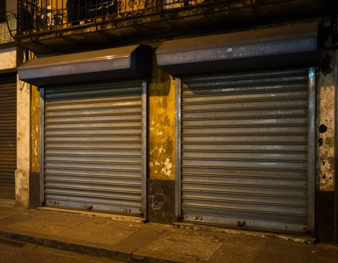 Persiana de kiosco de barrio de noche en Buenos Aires