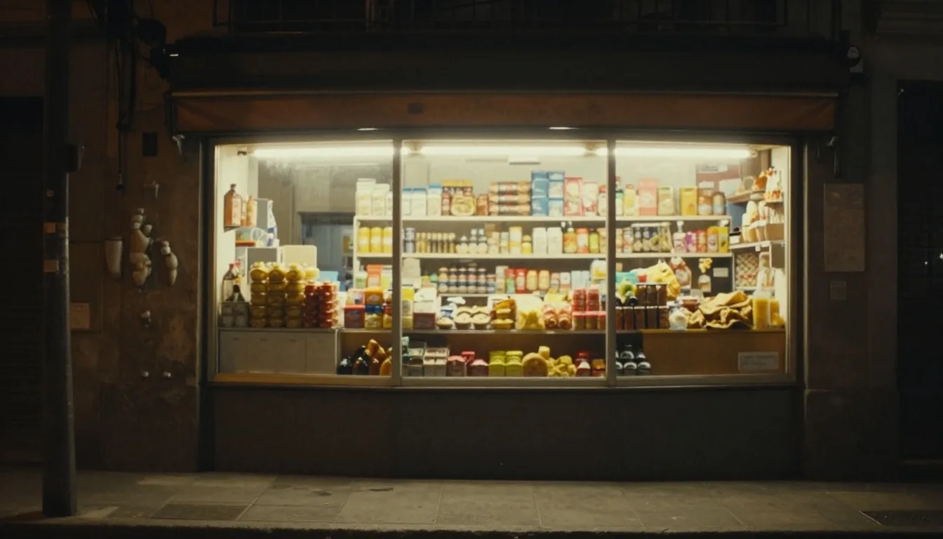 Ventana de kiosco con recarga SUBE por la noche