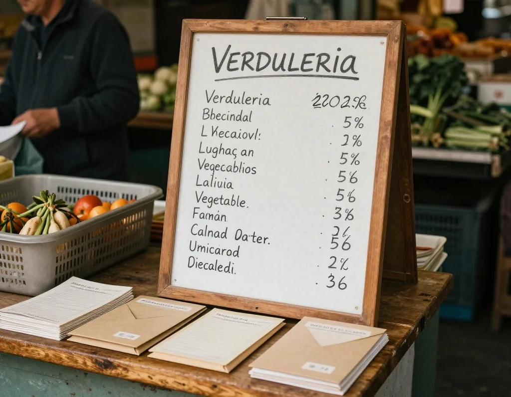Pizarra de verdulería y sobres de facturas en mostrador