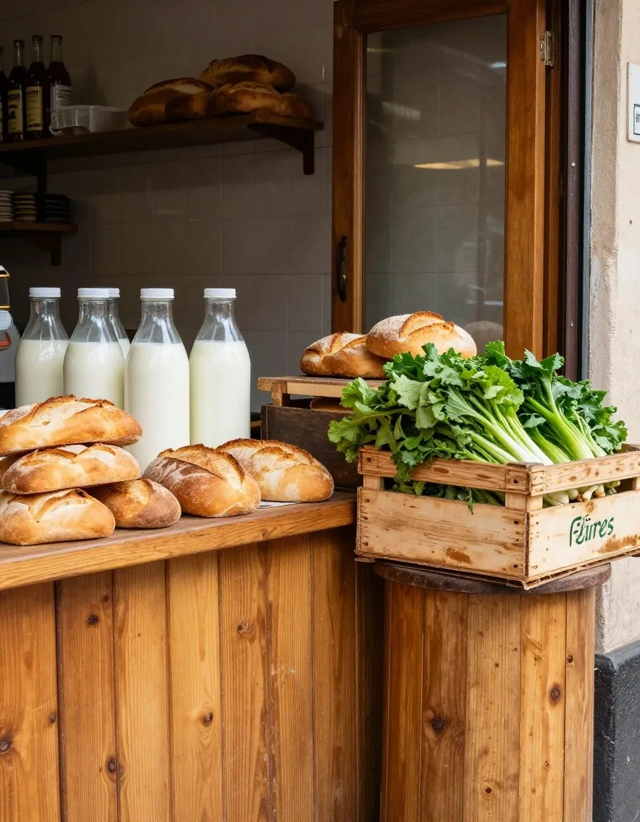 Almacén de barrio con pan, leche y verduras