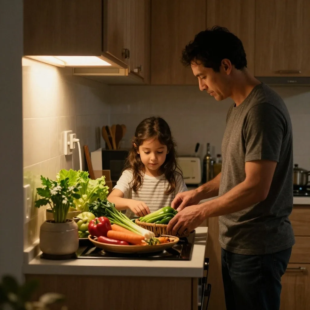 Familia armando la lista semanal en la cocina