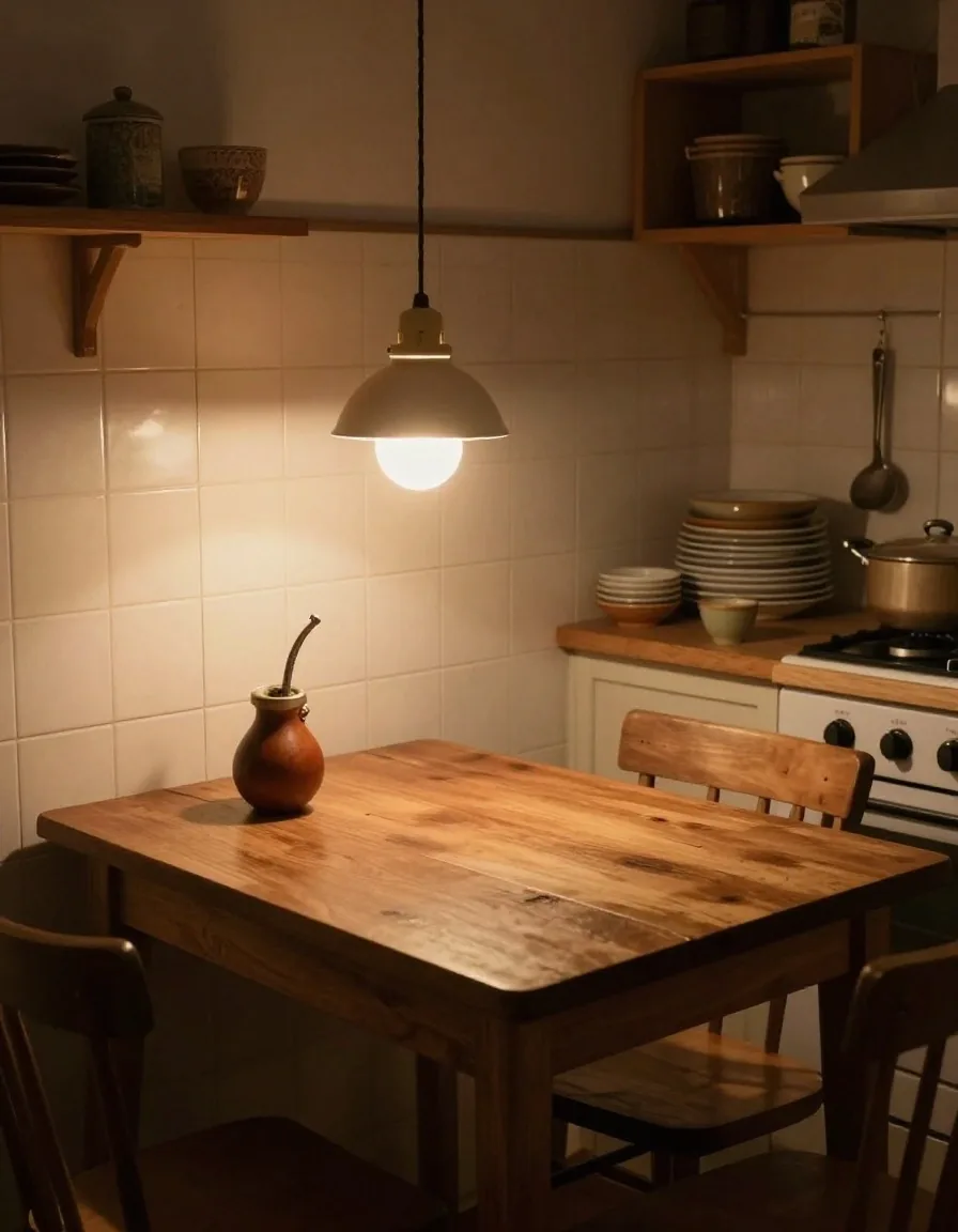 Mesa de cocina a la noche con libreta y mate