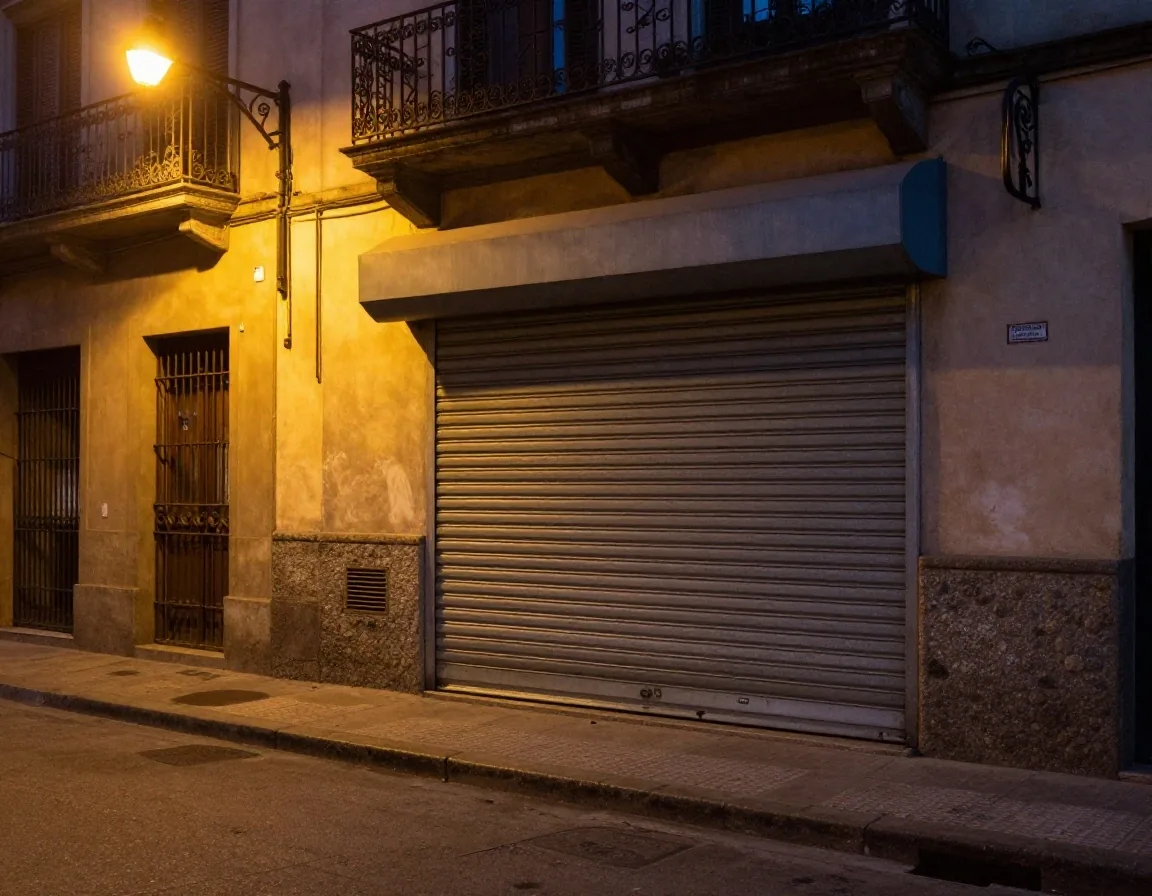 Persiana de kiosco con listas de precios a la noche